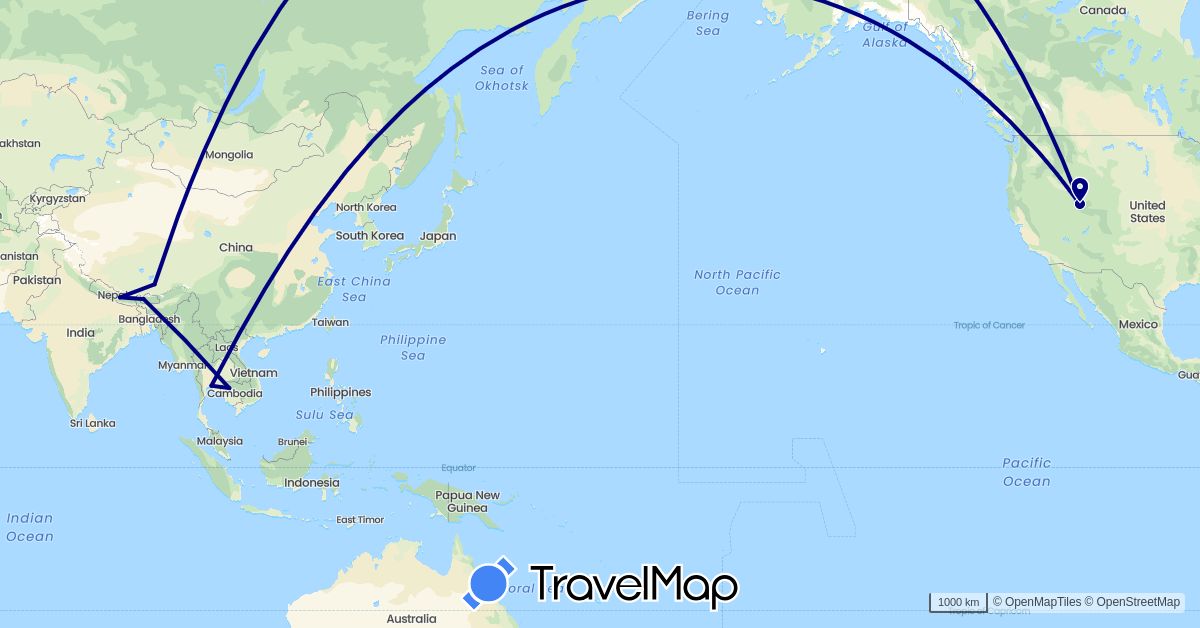 TravelMap itinerary: driving in Bhutan, China, Cambodia, Nepal, Thailand, United States (Asia, North America)